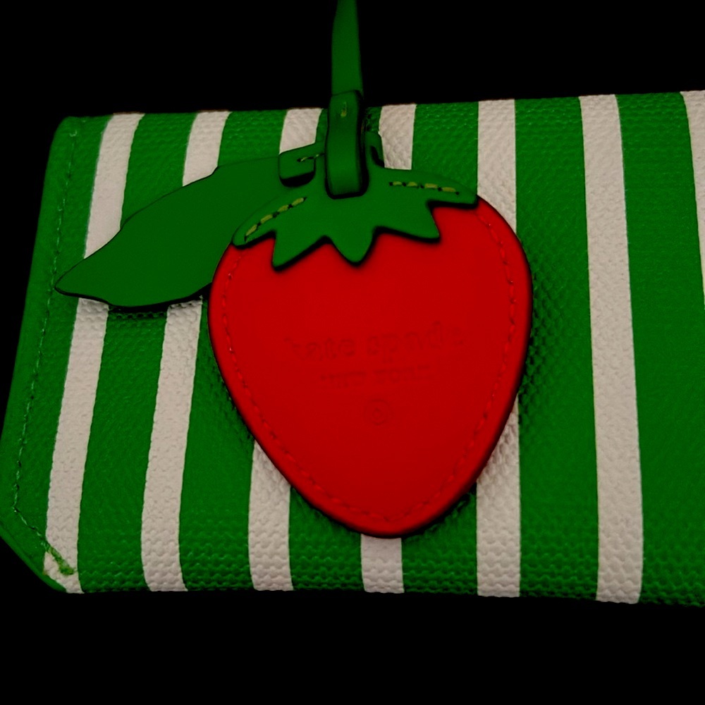 Kate Spade Green Striped wallet card holder with Strawberry Charm - Picture 5 of 7